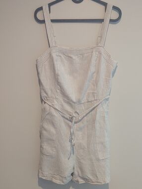 Striped Linen-Blend Romper - Cream Stripes